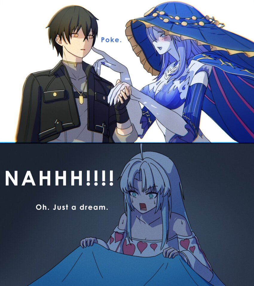 2girls, bare_shoulders, black_hair, black_jacket, blue_eyes, blue_skin, blue_veil, breasts, carlotta_(wuthering_waves), cheek_poking, collarbone, colored_skin, commentary, dorahdew, english_commentary, grey_shirt, highres, jacket, large_breasts, long_hair, looking_at_another, lorelei_(wuthering_waves), male_rover_(wuthering_waves), multiple_girls, off-shoulder_shirt, off_shoulder, open_mouth, paid_reward_available, poking, purple_hair, rectangular_mouth, rover_(wuthering_waves), shirt, sideways_mouth, smile, sweat, tacet_discord_(wuthering_waves), taking_another's_hand, veil, white_hair, white_shirt, wuthering_waves, yellow_eyes