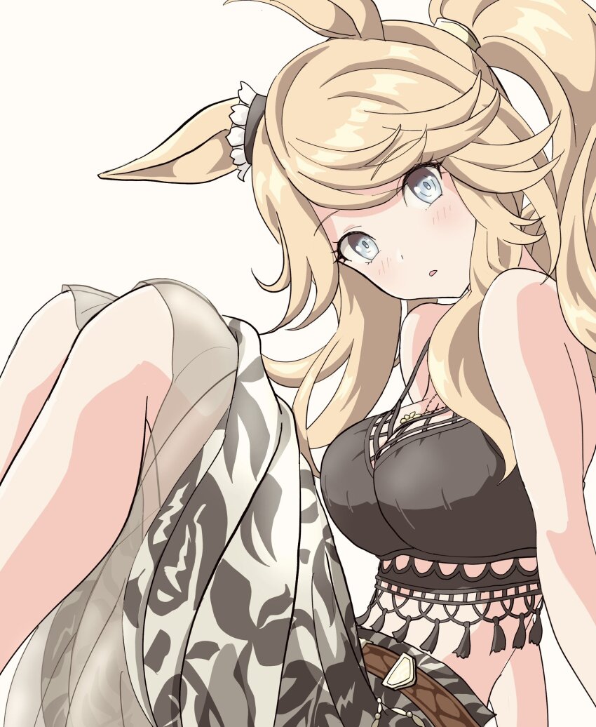 1girl, animal_ears, belt, bikini, black_bikini, blonde_hair, blue_eyes, blush