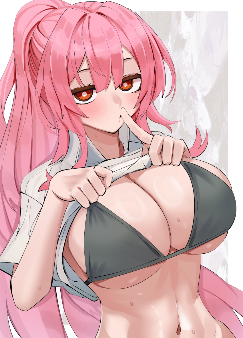 1girl, absurdres, black_bra, border, bra, breasts, clothes_lift, cotan_(actancyaga)