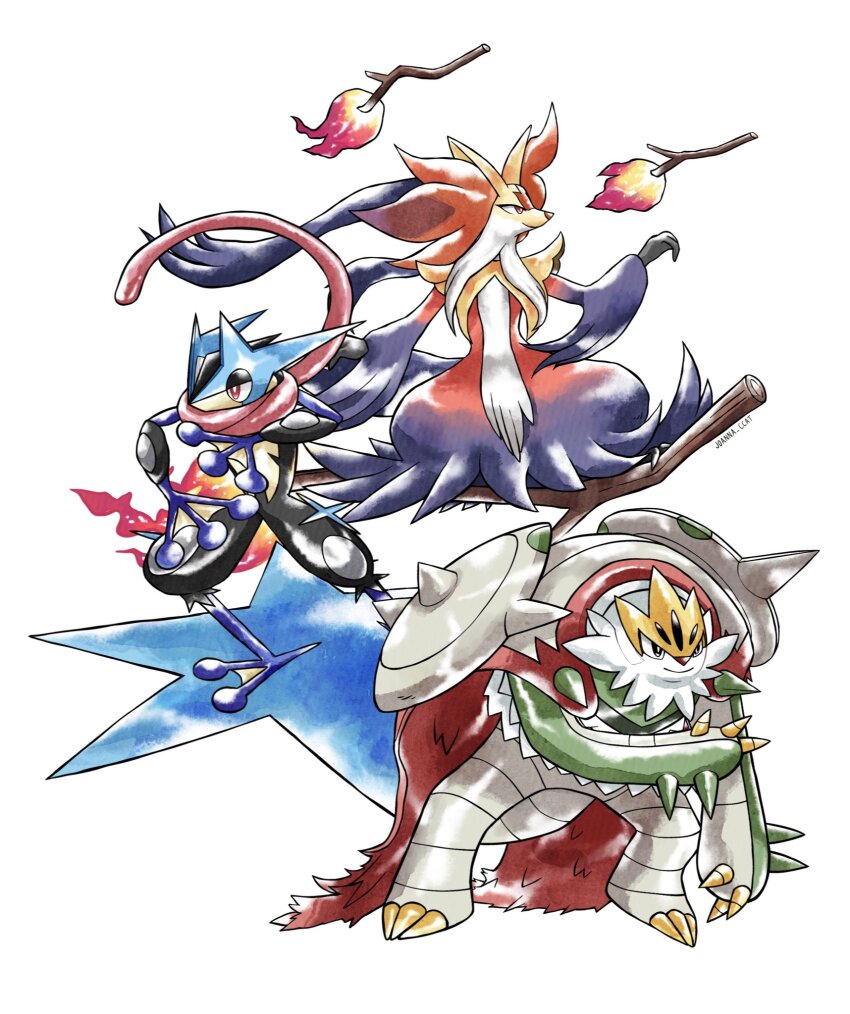 animal_ear_fluff, animal_ears, black_eyes, black_fur, broom, broom_riding, cape, chesnaught, claws, closed_mouth, colored_skin, delphox, fire, floating, floating_object, forehead_protector, fox, fox_ears, frog, full_body, furry, gen_6_pokemon, green_skin, greninja, highres, joanna_ccat, long_tongue, mega_chesnaught, mega_delphox, mega_greninja, mega_pokemon, multicolored_fur, multicolored_skin, ninja, nintendo, pink_eyes, pokemon, pokemon_(creature), pokemon_focus, red_eyes, red_fur, red_nose, scarf, shuriken, smile, snout, spikes, standing_on_weapon, tongue, tongue_scarf, two-tone_skin, very_long_tongue, water, weapon, webbed_feet, white_beard, white_fur, white_skin, yellow_claws, yellow_fur