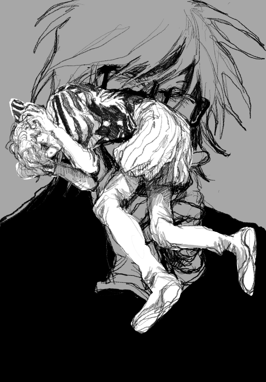 2boys, clown, commentary_request, constricted_pupils, denpa_shougai, glasses, gloves, grey_background