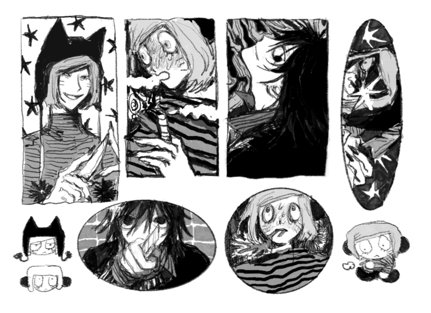 3boys, animal_ears, animal_hat, beanie, blush, boxcutter, cat_hat, cigarette, commentary_request, denpa_shougai, drugs, facial_mark, fake_animal_ears, fingernails, full-face_blush, greyscale, hat, highres, holding, holding_boxcutter, holding_cigarette, holding_knife, knife, looking_at_viewer, male_focus, marijuana, monochrome, multiple_boys, multiple_views, nyen_(randal's_friends), nyon_(randal's_friends), pom_pom_(clothes), pom_pom_beanie, randal's_friends, sharp_fingernails, shirt, short_hair, simple_background, smoking, stoned, striped_clothes, striped_shirt, striped_sweater, sweater, tsukada_satoru, turtleneck, turtleneck_sweater, whisker_markings, white_background