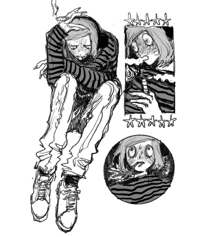 1boy, animal_ears, blush, cigar, commentary_request, denpa_shougai, drugs, facial_mark, fake_animal_ears, fingernails, full-face_blush, greyscale, highres, holding, holding_cigar, joint_(drug), knees_up, male_focus, marijuana, monochrome, multiple_views, nyon_(randal's_friends), randal's_friends, sharp_fingernails, shirt, shoes, short_hair, simple_background, sitting, sleeves_past_wrists, smoking, sneakers, star_(symbol), stoned, striped_clothes, striped_shirt, vomit, whisker_markings, white_background