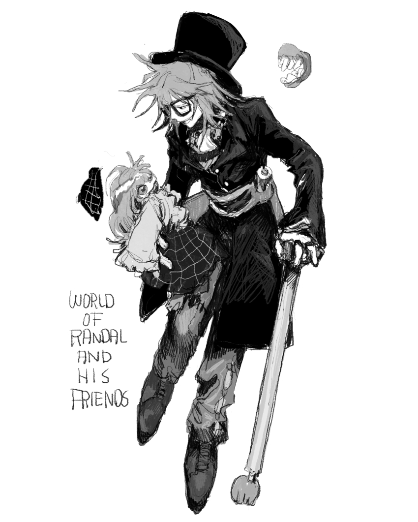 1boy, absurdres, cane, coat, commentary_request, denpa_shougai, dentures, doll