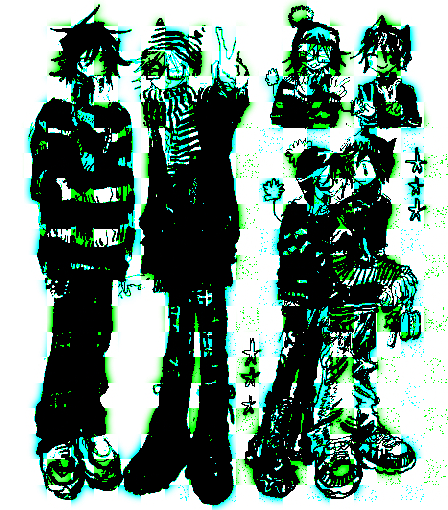 >_<, 2boys, :3, beanie, boots, commentary_request, denpa_shougai, double_v