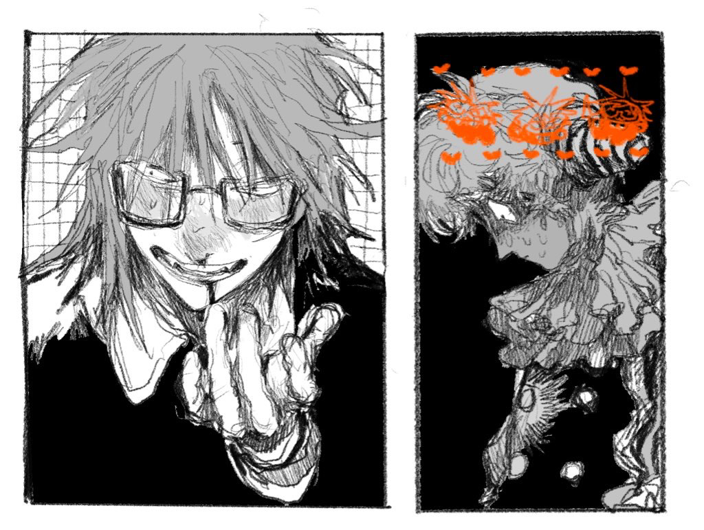 2boys, blood, clown, commentary_request, denpa_shougai, fangs, glasses, hand_up