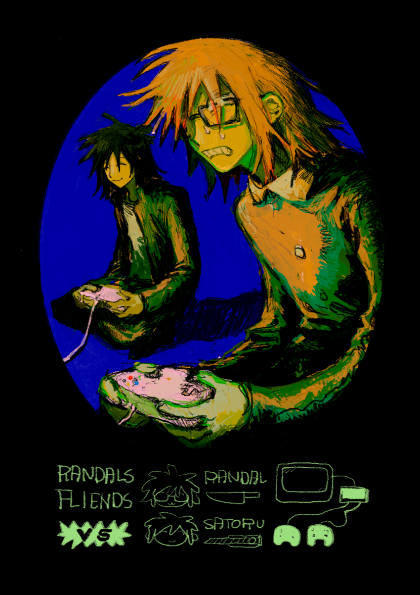 2boys, absurdres, black_background, black_hair, clenched_teeth, commentary_request, controller, denpa_shougai