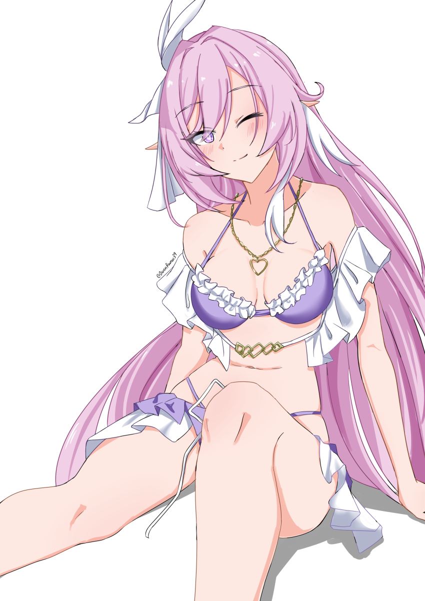 1girl, ;), absurdres, bare_shoulders, bikini, breasts, commentary, diamond-shaped_pupils