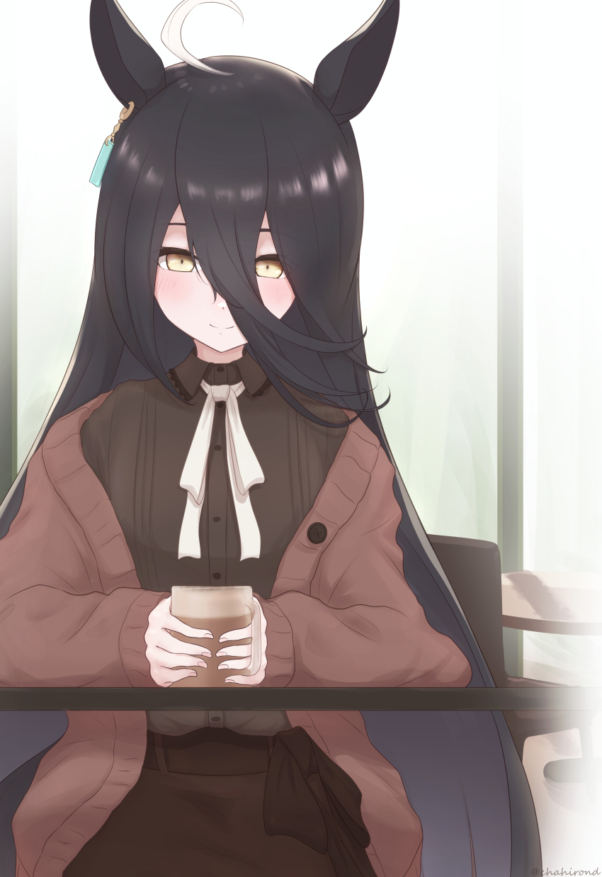 1girl, absurdres, ahoge, animal_ears, brown_cardigan, brown_shirt, cardigan, chahiro