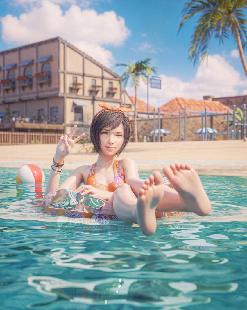 1girl, 3d, armpits, ball, barefoot, beach, beachball, bikini, blurry, blurry_background, bow_hairband, bracelet, breasts, brown_hair, closed_mouth, day, drayqin, eyelashes, feet, final_fantasy, final_fantasy_vii, final_fantasy_vii_rebirth, final_fantasy_vii_remake, floral_print, foot_focus, hairband, hand_up, highres, innertube, jewelry, knees_together_feet_apart, one_eye_closed, orange_bikini, orange_hairband, outdoors, palm_tree, short_hair, sitting, small_breasts, smile, soles, solo, swept_bangs, swim_ring, swimsuit, toes, tree, v, yuffie_kisaragi, yuffie_kisaragi_(summer_orange)
