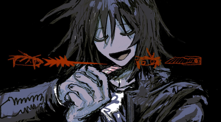 1boy, black_background, black_hair, boxcutter, closed_eyes, commentary, denpa_shougai, gakuen_idolmaster