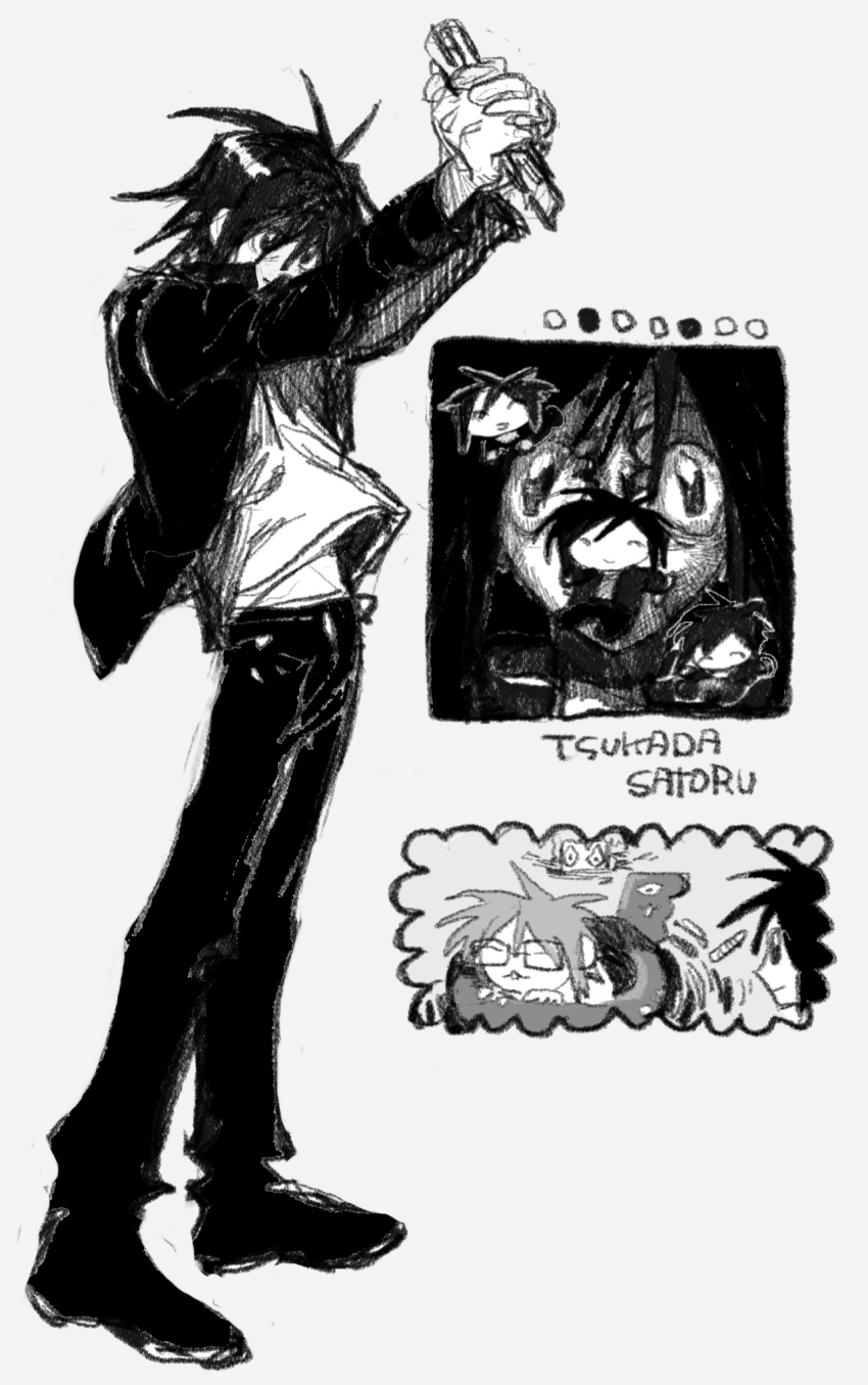 3boys, boxcutter, commentary, denpa_shougai, gakuran, grey_background, greyscale, highres