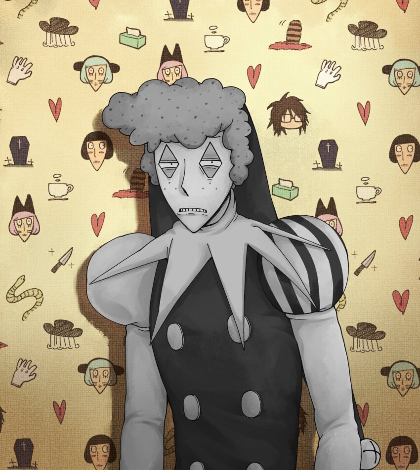 1boy, ajino_(mmh444_nu), commentary_request, etheral_q, freckles, greyscale_with_colored_background, hat, highres