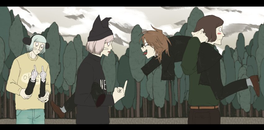 4boys, ajino_(mmh444_nu), animal_ears, animal_hat, black_jacket, black_sweater, blue_hair, brown_hair