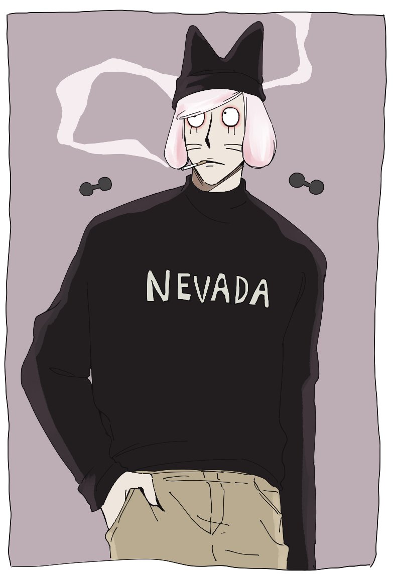 1boy, ajino_(mmh444_nu), animal_hat, black_sweater, cat_hat, cigarette, commentary, cowboy_shot