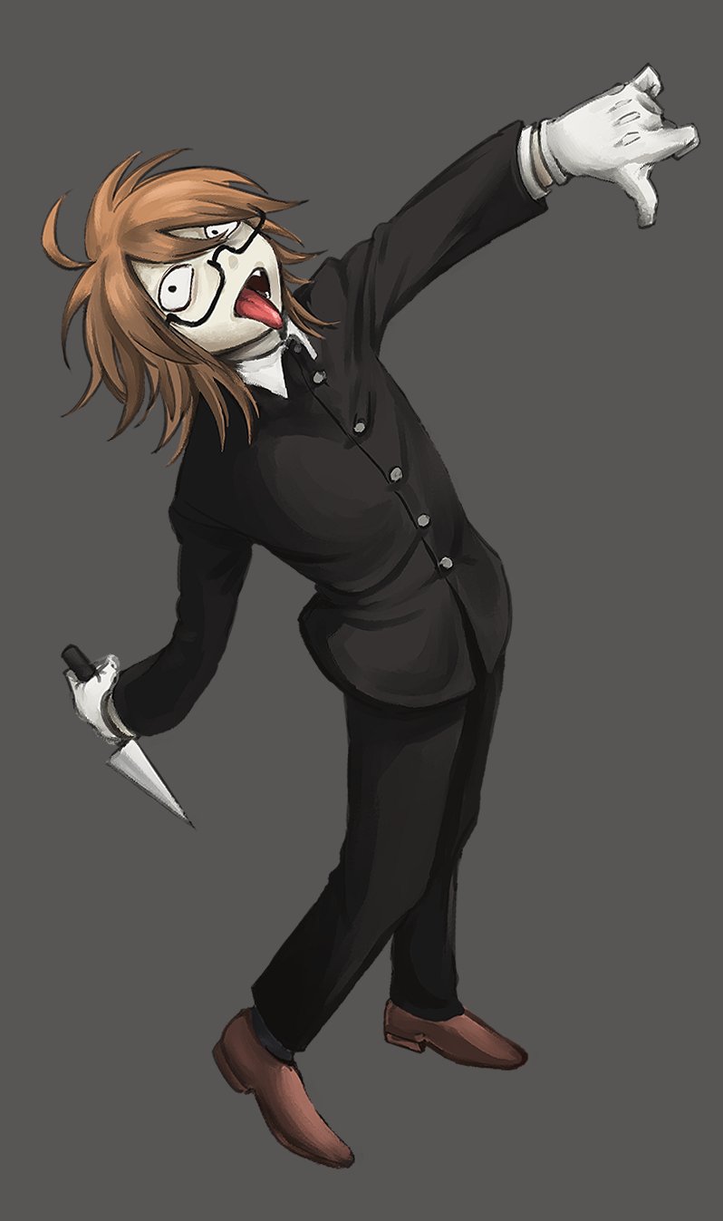 1boy, ajino_(mmh444_nu), black_coat, black_eyes, brown_hair, coat, commentary_request, fang