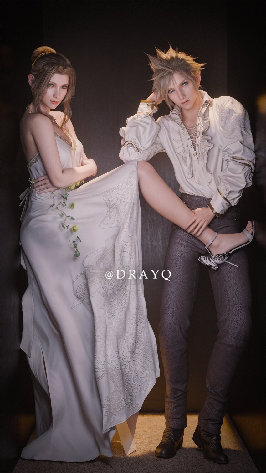 1boy, 1girl, 3d, aerith_gainsborough, against_wall, alternate_costume, artist_name, bare_shoulders