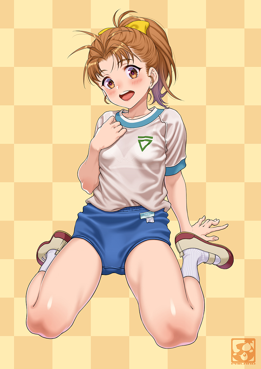 1girl, :d, blue_buruma, breasts, brown_hair, buruma, checkered_background, gym_uniform