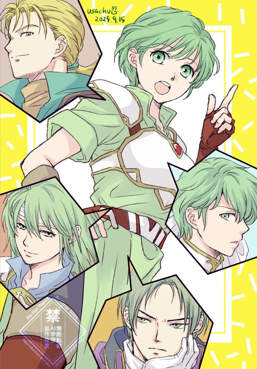 2girls, 3boys, armor, blonde_hair, breastplate, ced_(fire_emblem), fergus_(fire_emblem), fingerless_gloves