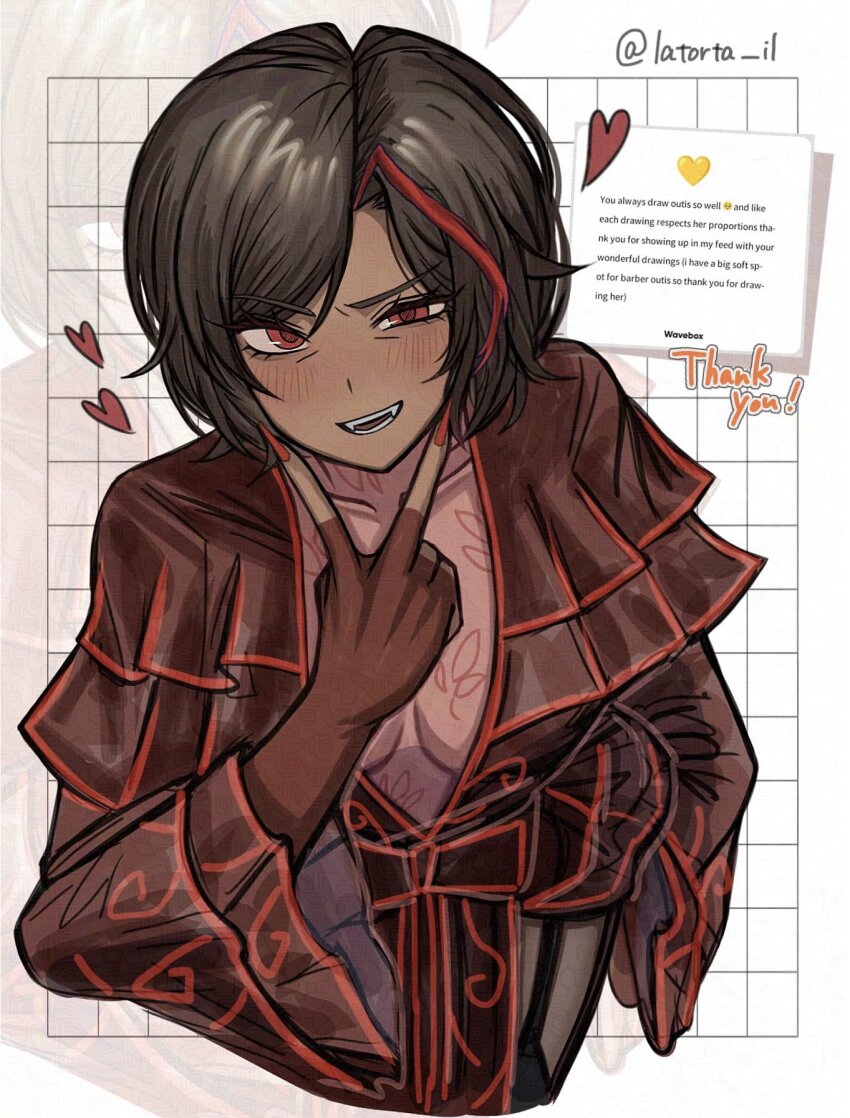 1girl, breasts, brown_hair, dark-skinned_female, dark_skin, dress, fangs, highres