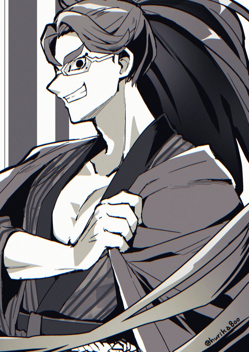 1boy, clothes_grab, collarbone, commentary, glasses, greyscale, grin, hashtag-only_commentary