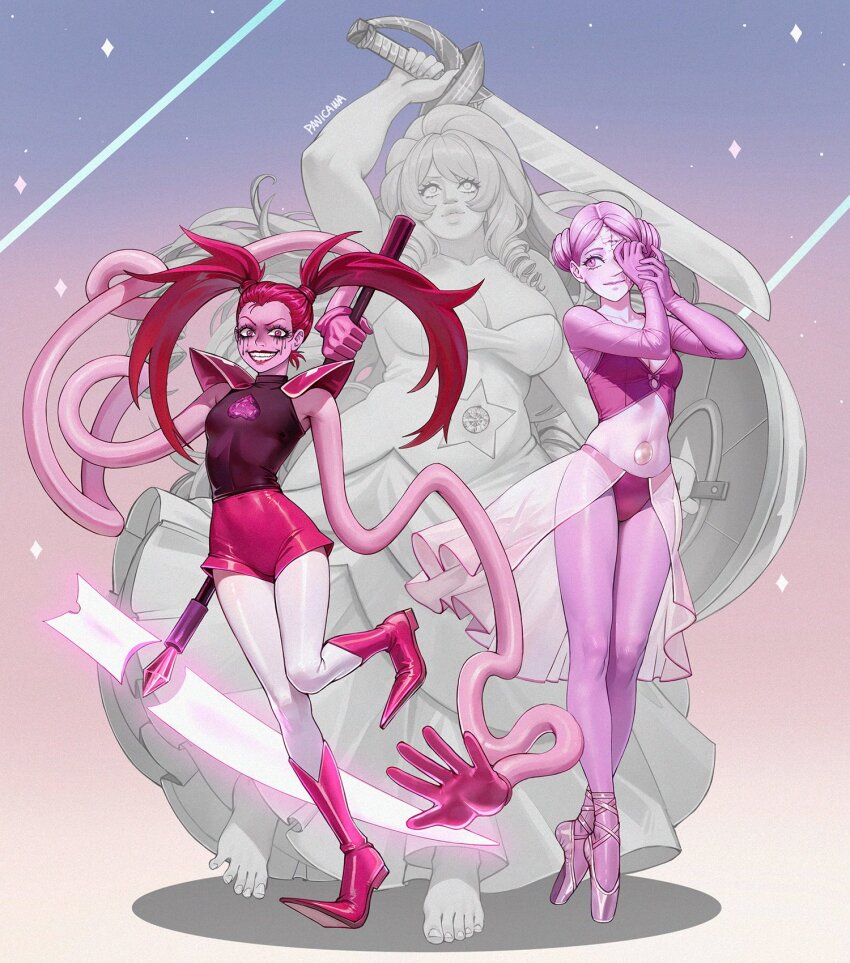 3girls, adelheid_(moschiola), colored_skin, elasticity, extendable_limbs, gem, gem_(steven_universe), gem_rejuvenator