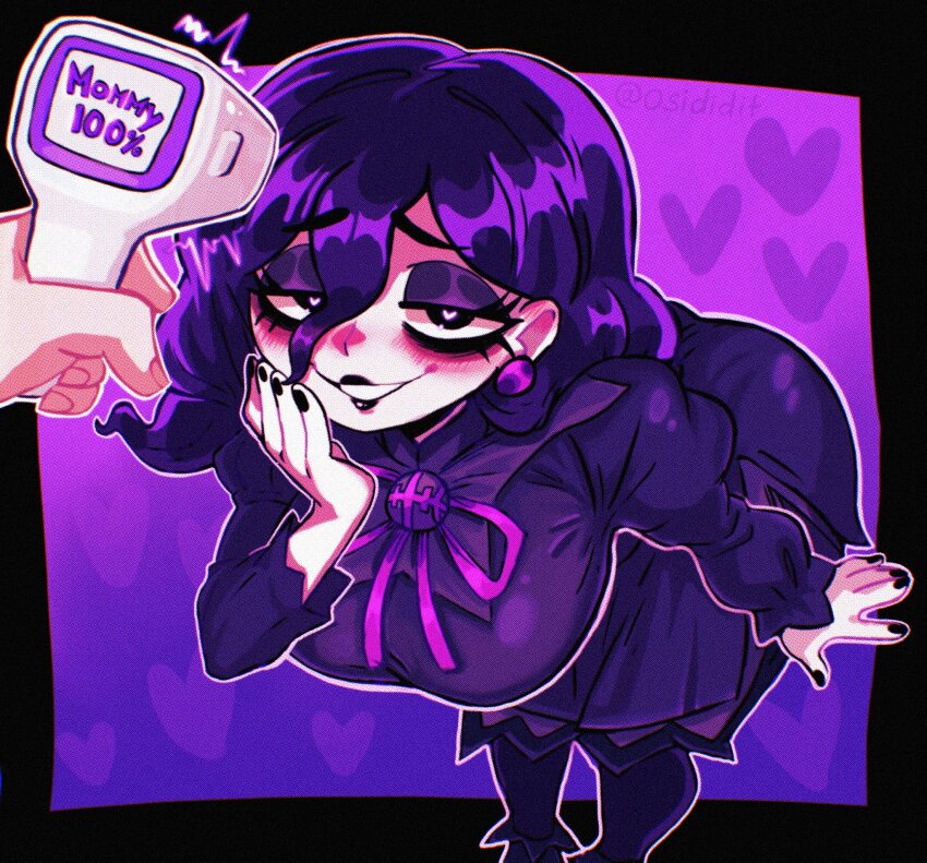 1girl, artist_name, black_eyes, black_leotard, black_nails, breasts, cat_detector_(meme), disembodied_hand, dress, earrings, eyeshadow, gradient_background, hair_between_eyes, hex_maniac_(pokemon), hex_maniac_(pokemon_legends:_z-a), highres, infrared_thermometer, jewelry, leaning_forward, leotard, light_blush, looking_at_viewer, makeup, mascara, medium_breasts, medium_hair, meme, nail_polish, nintendo, osidid, pokemon, pokemon_legends:_z-a, purple_background, purple_dress, purple_eyeshadow, purple_hair, smile, solo, wavy_hair