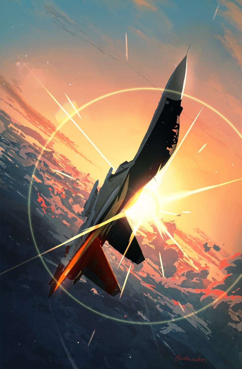 absurdres, ace_combat, ace_combat_7, aircraft, airplane, artist_name, cloud, commentary