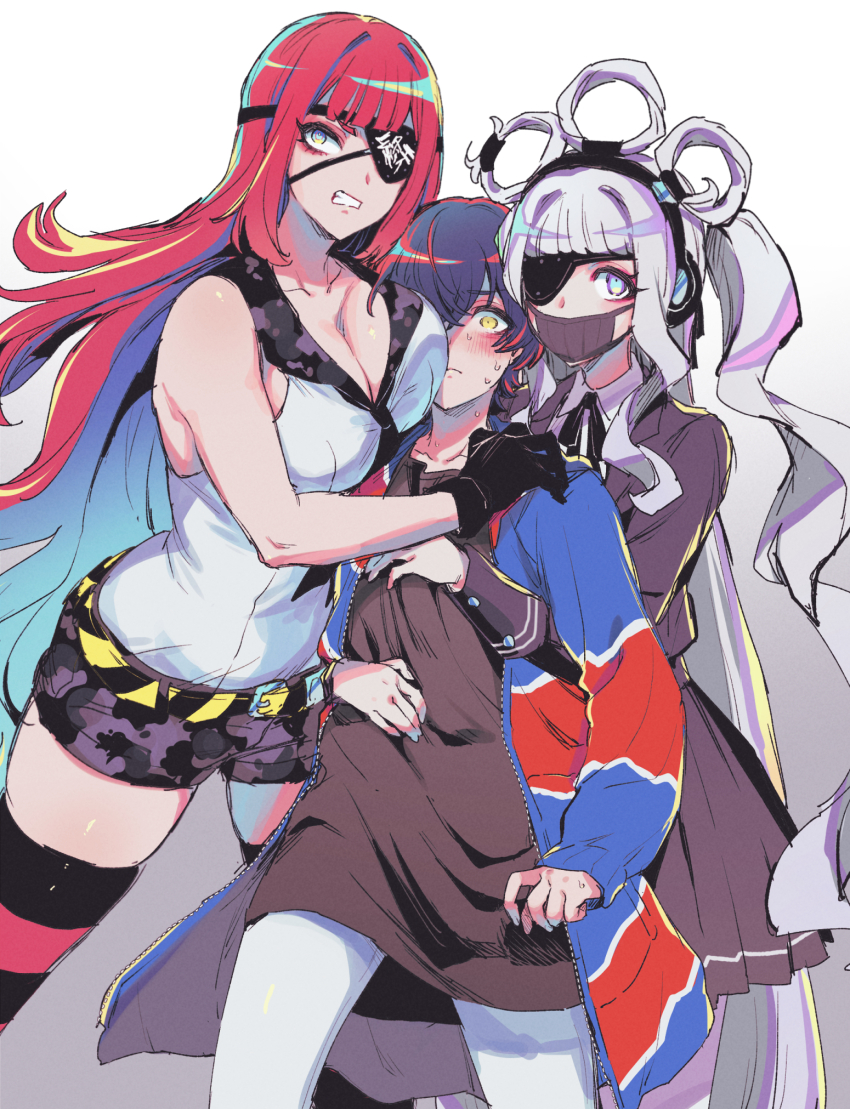 3girls, black_gloves, black_hair, black_jacket, black_ribbon, black_shirt, black_shorts, black_skirt, blue_eyes, blush, breast_press, breasts, cleavage, clenched_teeth, covered_mouth, eyepatch, eyeshadow, girl_sandwich, gloves, grey_eyes, grey_hair, hair_rings, hand_on_another's_shoulder, highres, honoka_kokushikan, hug, hug_from_behind, jacket, large_breasts, looking_at_viewer, makeup, manji_fushicho, mask, mouth_mask, multiple_girls, neck_ribbon, nervous_sweating, one_eye_covered, open_clothes, open_jacket, red_eyeshadow, red_hair, rei_shimobe, reverse_trap, ribbon, sandwiched, shirt, shorts, shuten_order, skirt, sleeveless, sleeveless_shirt, striped_clothes, striped_thighhighs, sweat, teeth, thighhighs, white_background, white_shirt, wide-eyed, yellow_eyes, yuri, zuzuko