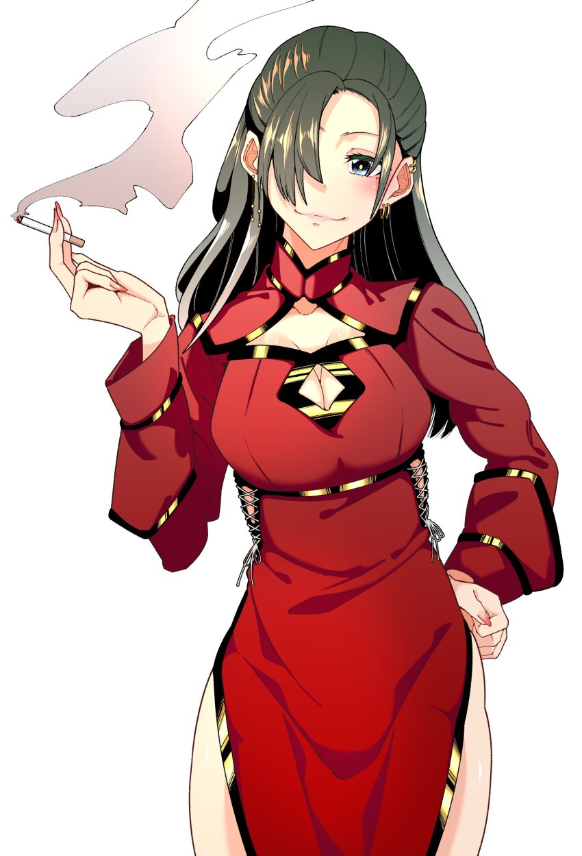 1girl, absurdres, blue_eyes, breasts, cigarette, cleavage, cleavage_cutout, clothing_cutout