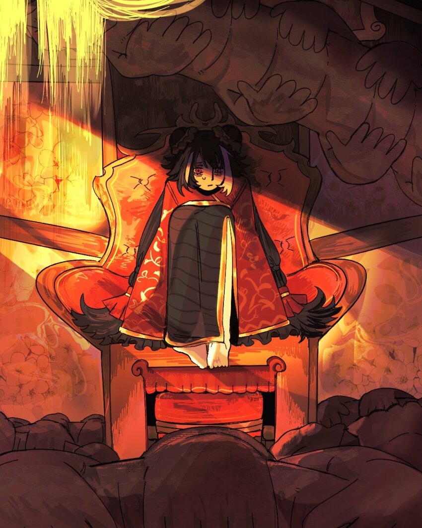 1girl, barefoot, black_dress, black_hair, chinese_clothes, double_bun, dress, full_body