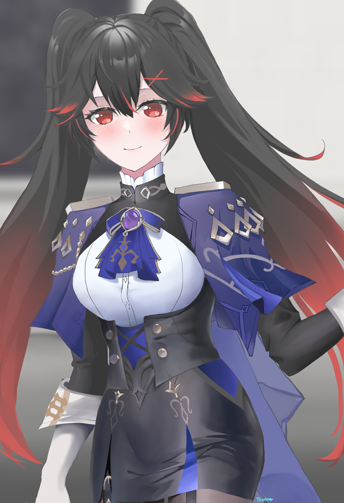 1girl, artist_name, ascot, black_hair, black_skirt, blurry, blurry_background, blush