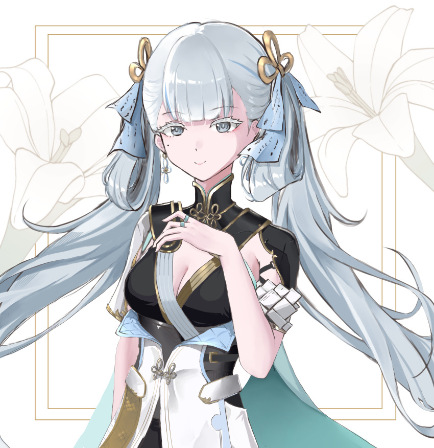 1girl, absurdres, black_collar, blue_bow, bow, breasts, cleavage, closed_mouth