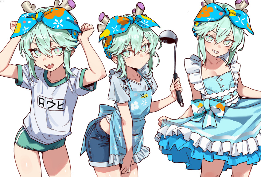 1girl, absurdres, apron, bare_shoulders, blue_apron, blue_dress, blue_ribbon, blue_shorts, blush, bow, breasts, buruma, collarbone, denim, denim_shorts, dress, ebora, fate/grand_order, fate_(series), floral_print, green_buruma, green_eyes, green_hair, grey_shirt, grin, hair_between_eyes, hair_ribbon, highres, horns, ladle, looking_at_viewer, louhi_(fate), louhi_(first_ascension)_(fate), multiple_views, name_tag, open_mouth, ribbon, sharp_teeth, shirt, short_hair, short_shorts, short_sleeves, shorts, sidelocks, small_breasts, smile, teeth, thighs, white_shirt