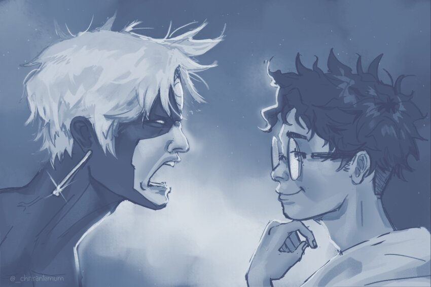 2boys, angry, cwissanthemum, dandadan, evil_eye_(dandadan), glass, highres, lion_screaming_at_monkey_(meme), looking_at_another, meme, monochrome, multiple_boys, smile, takakura_ken_(dandadan), upper_body