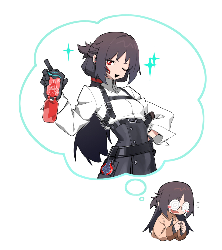 black_gloves, blush_stickers, brown_hair, buckle, cellphone, chest_harness, coke-bottle_glasses, earpiece, flying_sweatdrops, genderswap, genderswap_(mtf), glasses, gloves, goz-zz, hand_on_own_hip, harness, highres, holding, holding_id_card, holster, holstered, id_card, imagining, index_fingers_together, jacket, kamen_rider, kamen_rider_zeztz_(series), long_hair, low_ponytail, one_eye_closed, open_clothes, open_jacket, open_mouth, phone, ponytail, red_eyes, round_eyewear, shirt, simple_background, smartphone, smug, sparkle, speech_bubble, thought_bubble, wavy_mouth, white_background, white_shirt, yorozu_baku