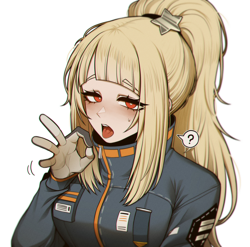 1girl, ?, black_gloves, black_jacket, blonde_hair, blush, breasts, eyes_visible_through_hair, ezra_(project_moon), fellatio_gesture, gloves, hair_ornament, hair_over_one_eye, hair_tie, high_ponytail, highres, jacket, large_breasts, long_hair, long_sleeves, looking_at_viewer, misg1111, open_mouth, patch, ponytail, project_moon, red_eyes, sexually_suggestive, sidelocks, simple_background, solo, speech_bubble, spoken_question_mark, star_(symbol), star_hair_ornament, sweat, sweatdrop, the_distortion_detective, tongue, two-tone_gloves, upper_body, white_background, white_gloves, zipper_pull_tab