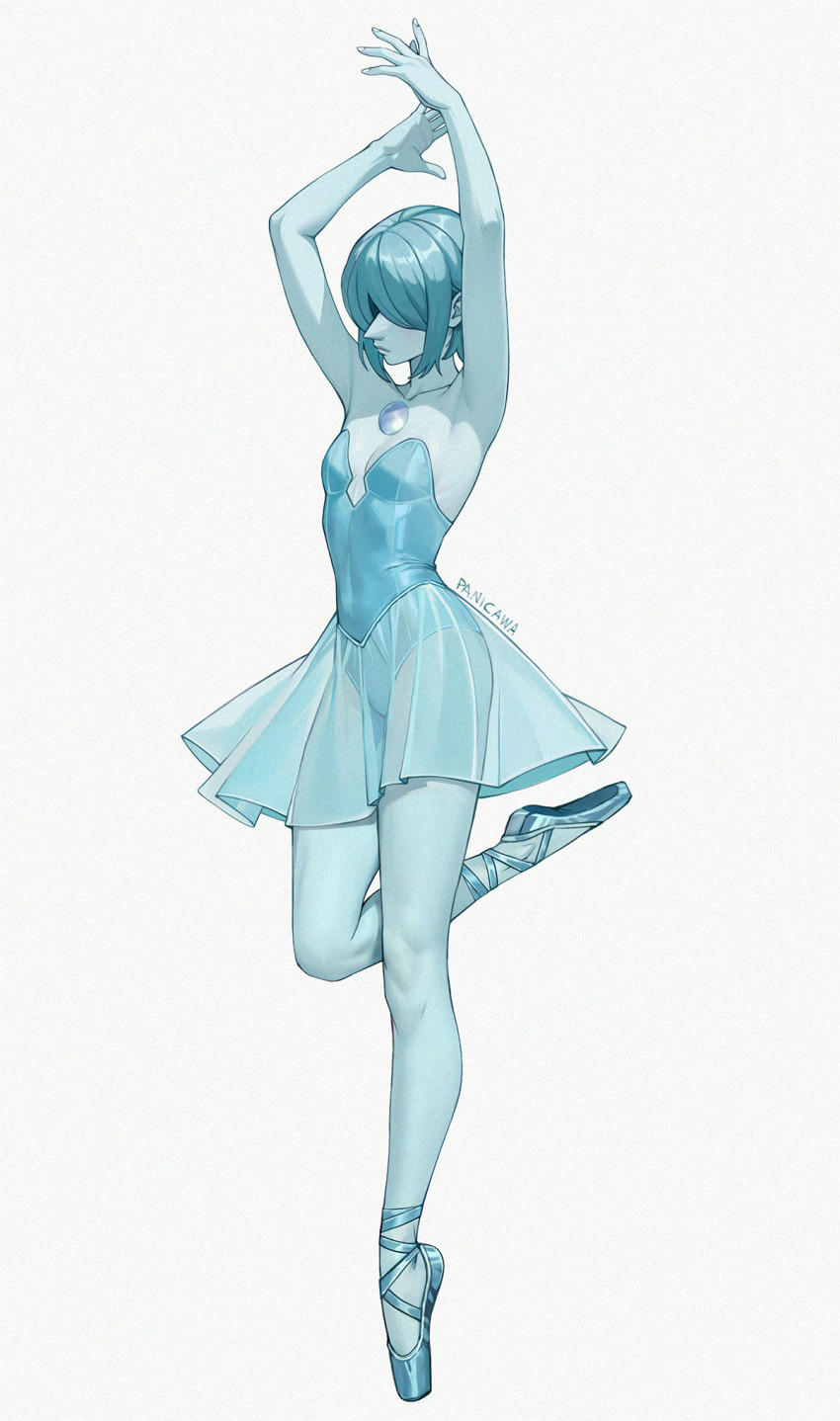 1girl, adelheid_(moschiola), ballerina, ballet_dress, ballet_slippers, blue_hair, blue_leotard, blue_pearl_(steven_universe), blue_skin, breasts, colored_skin, forehead_jewel, gem_(steven_universe), highres, homeworld_gem_uniform, leotard, pearl_(species)_(steven_universe), see-through_clothes, short_hair, skirt, steven_universe, yuri