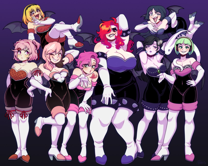 6+girls, barbara_parker, black_bodysuit, bodysuit, boots, cosplay, crossover, danganronpa_(series)