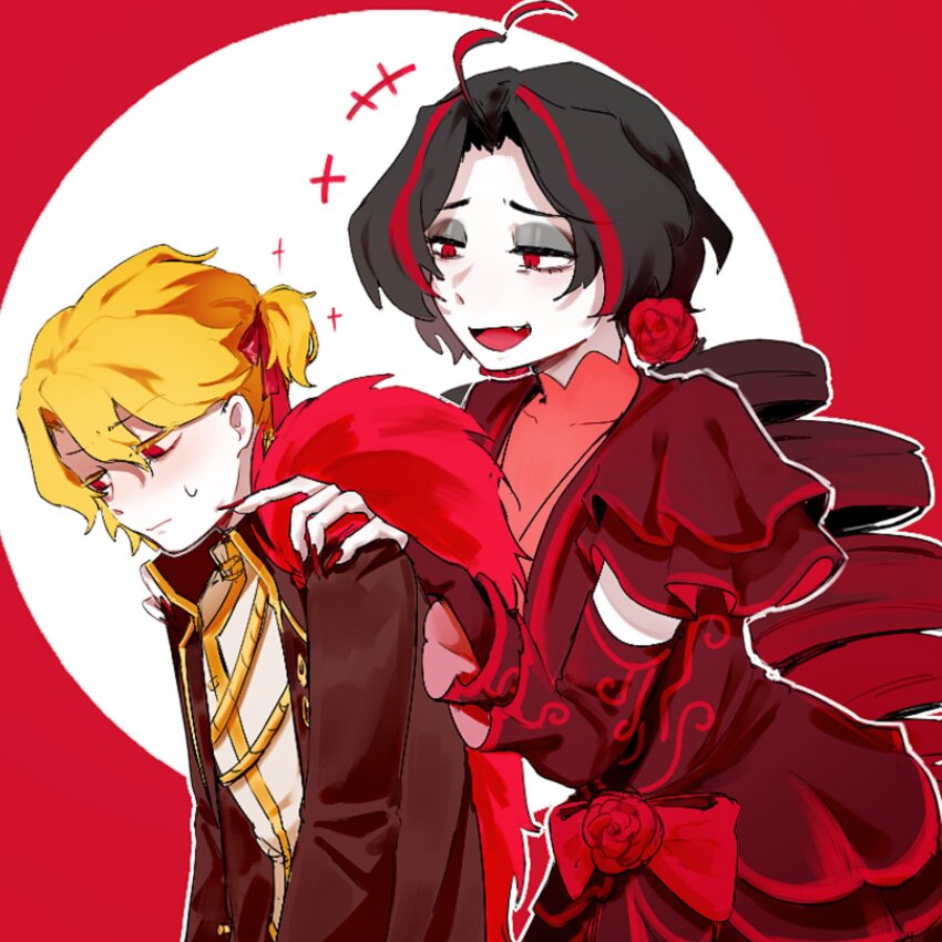 2girls, ahoge, black_coat, black_hair, blonde_hair, bow, coat, don_quixote_(project_moon)