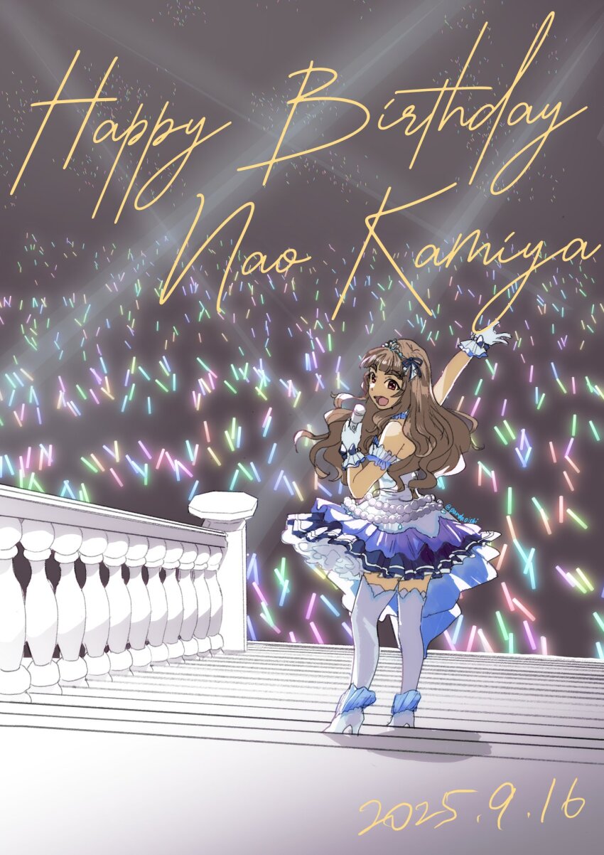 1girl, arm_garter, arm_up, armpit_crease, artist_name, baluster, bare_shoulders, beads