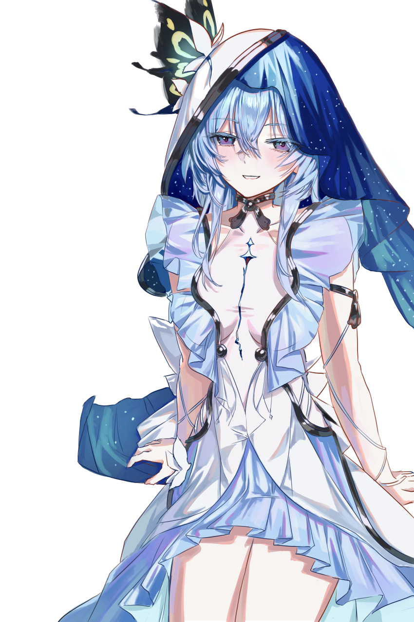 1girl, absurdres, armlet, blue_dress, blue_hair, blue_veil, breasts, colored_eyelashes, commentary, dress, ehdghks500, feet_out_of_frame, hair_between_eyes, highres, jewelry, long_hair, medium_breasts, parted_lips, purple_eyes, shorekeeper_(wuthering_waves), simple_background, sleeveless, sleeveless_dress, smile, solo, two-tone_veil, veil, white_background, white_veil, wuthering_waves