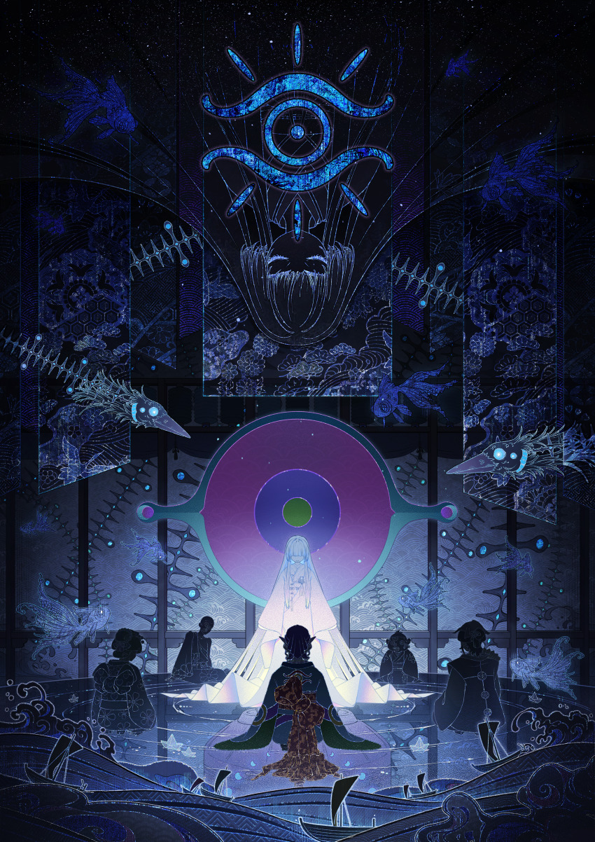 2girls, 4boys, absurdres, back_bow, bandana, boat, bow, closed_eyes