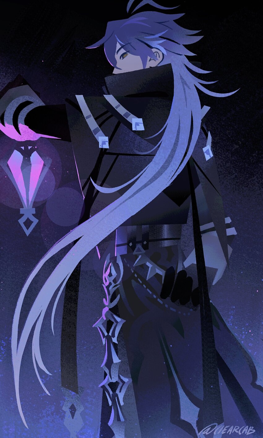 1boy, absurdly_long_hair, absurdres, antenna_hair, arm_up, black_jacket, blue_hair, ciearcab, collared_jacket, commentary, english_commentary, flins_(genshin_impact), genshin_impact, highres, holding, holding_lantern, jacket, lantern, long_hair, long_sleeves, male_focus, popped_collar, profile, signature, solo, standing, very_long_hair, yellow_eyes