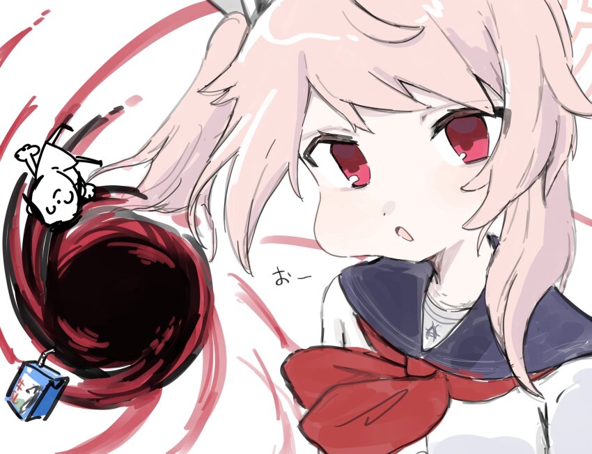 1boy, 1girl, aimi7333, black_hole, blue_archive, cheek_pull, commentary_request, doodle_sensei_(blue_archive), draw_this_in_your_style_challenge, drink_carton, floating, highres, long_hair, looking_at_viewer, milk_carton, natsu_(blue_archive), natsu_getting_swallowed_by_a_black_hole, neckerchief, open_mouth, pink_hair, red_eyes, red_neckerchief, school_uniform, sensei_(blue_archive), shirt, side_ponytail, simple_background, upper_body, white_background, white_shirt