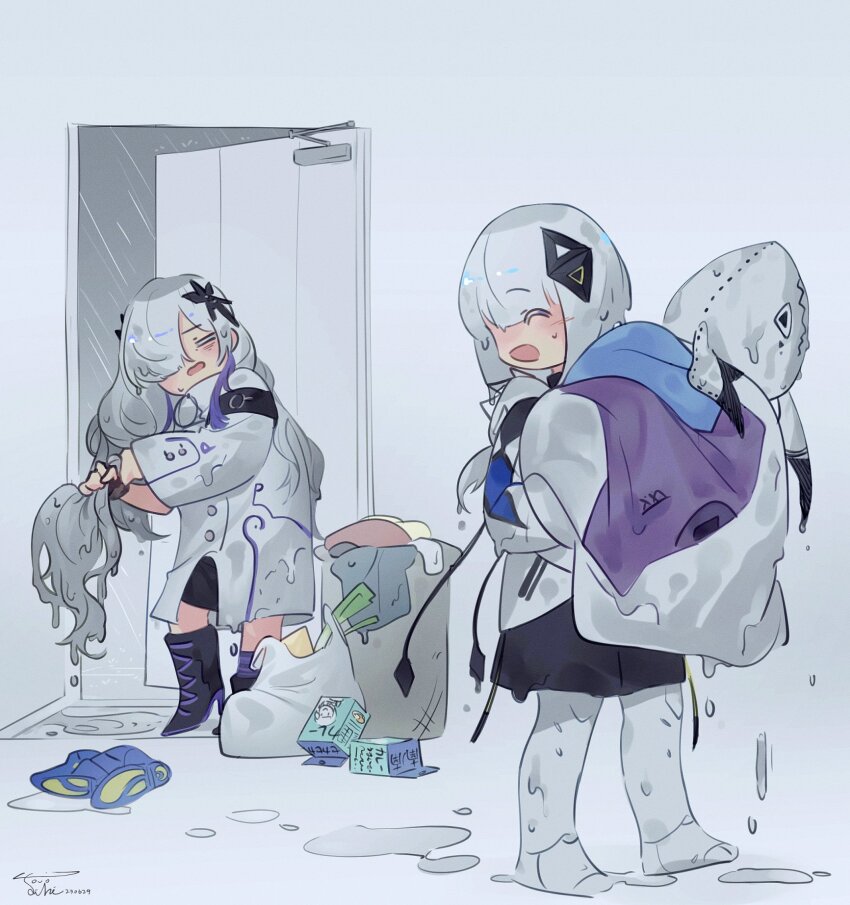 2girls, ^_^, bag, boots, cevio, closed_eyes, coat, commentary