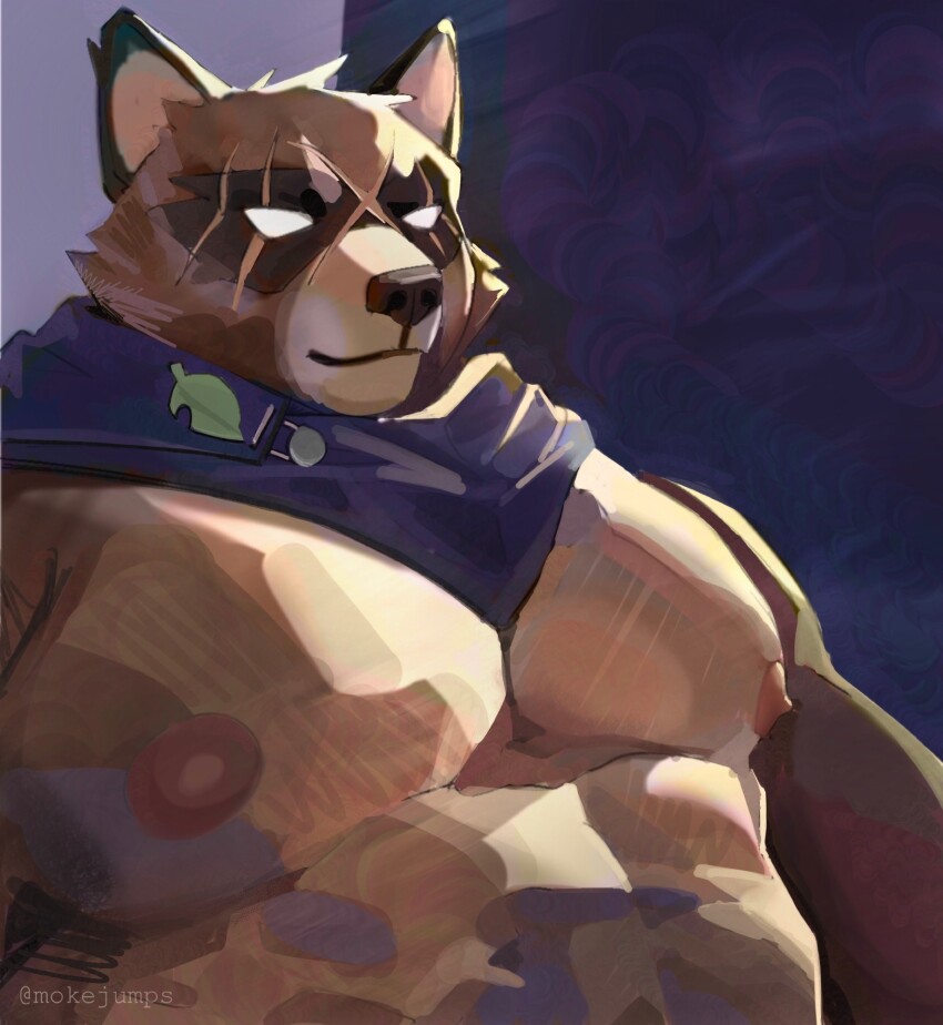 1boy, animal_ears, artist_name, bara, closed_mouth, commentary, cross_scar, english_commentary, fortnite, furry, furry_male, hajime_(fortnite), highres, male_focus, mokejumps, multiple_scars, muscular, muscular_male, nipples, pectorals, purple_scarf, raccoon_boy, raccoon_ears, scar, scar_across_eye, scar_on_face, scarf, smile, topless_male