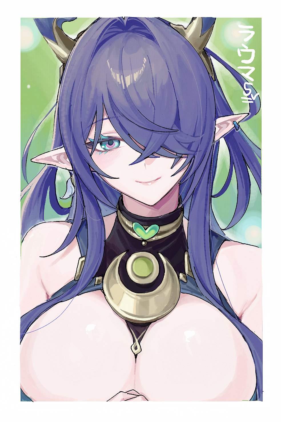 1girl, antlers, bare_shoulders, blue_eyes, breasts, crescent, dress, genshin_impact, hair_intakes, hair_over_one_eye, highres, horns, large_breasts, lauma_(genshin_impact), long_hair, looking_at_viewer, pointy_ears, purple_hair, ririri_(lilili_tea), smile, solo, turtleneck, turtleneck_dress, upper_body