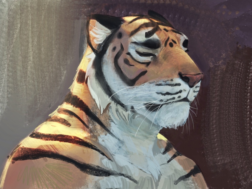 1boy, animal_ears, closed_eyes, closed_mouth, commentary, english_commentary, furry, furry_male, highres, male_focus, mokejumps, the_smoke_room, tiger_boy, tiger_ears, tiger_stripes, topless_male, upper_body, whiskers, yao_(the_smoke_room)