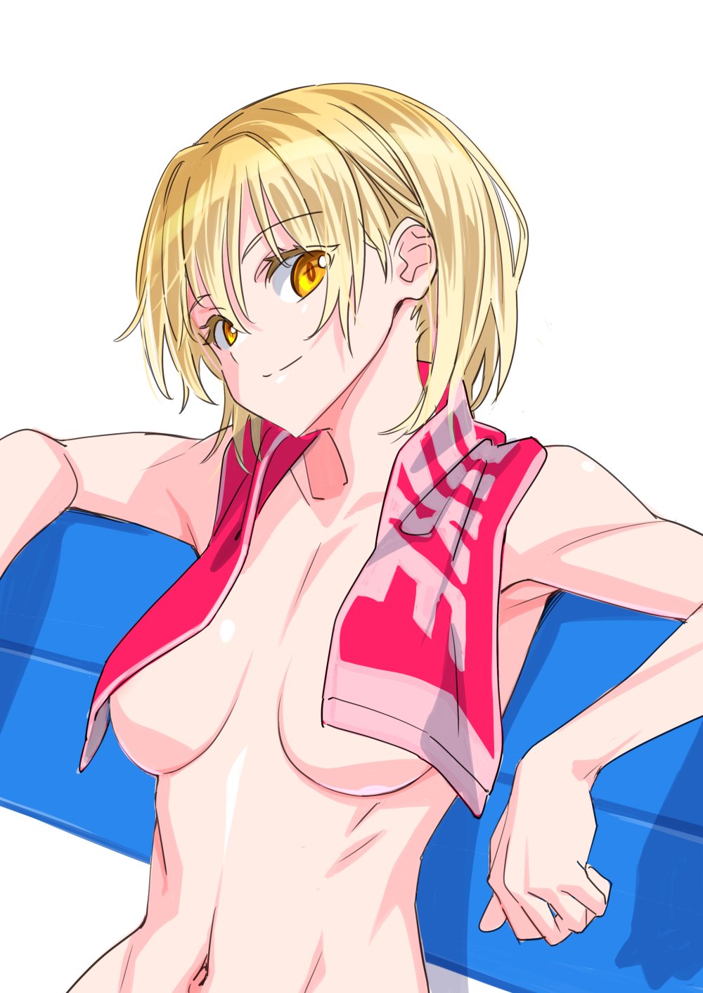 1girl, blonde_hair, breasts, closz, highres, leaning_back, navel, original